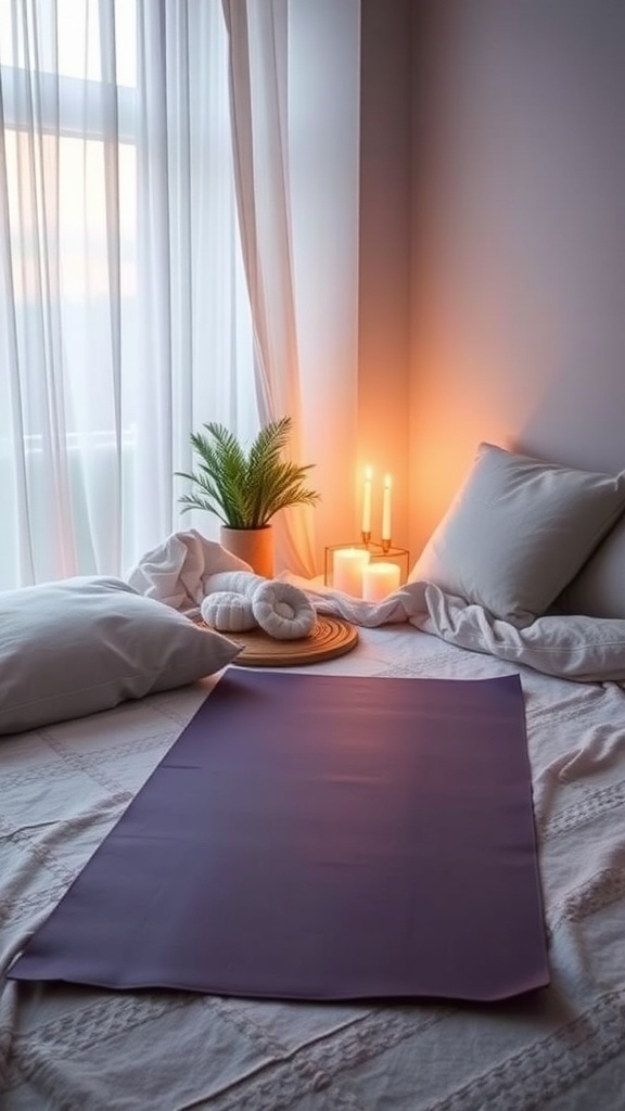 A person practicing Yoga Nidra on a yoga mat, surrounded by soft lighting and calming decor.