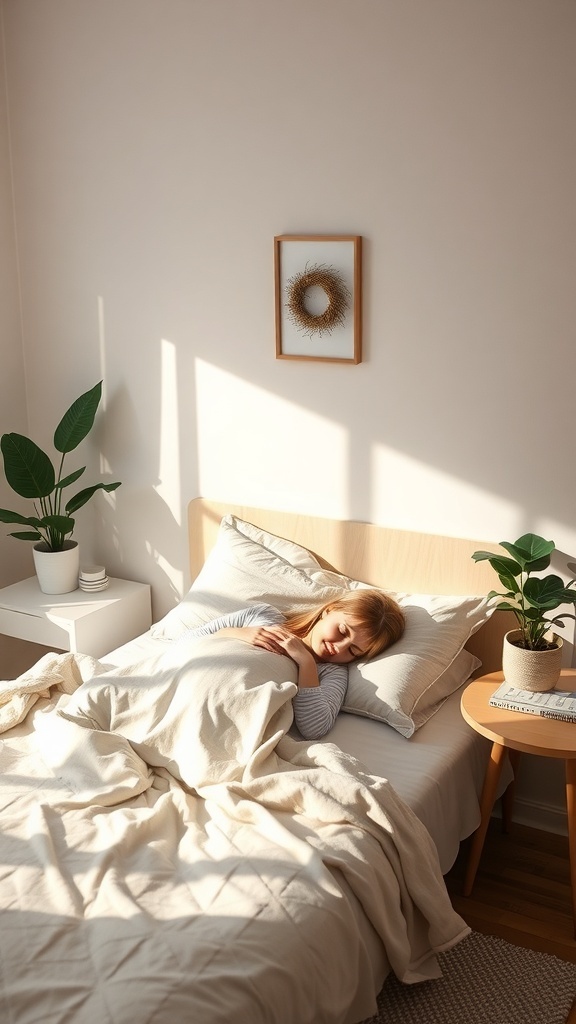 A serene bedroom with a woman sleeping peacefully, featuring soft bedding and plants.