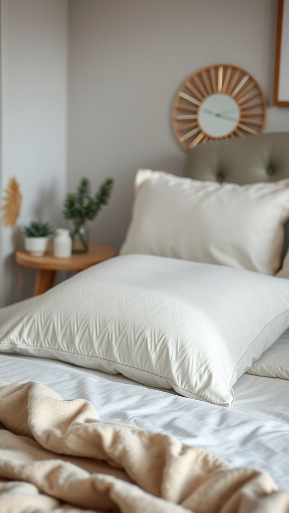 A cozy bed with a plush pillow and soft blanket, creating a welcoming atmosphere.