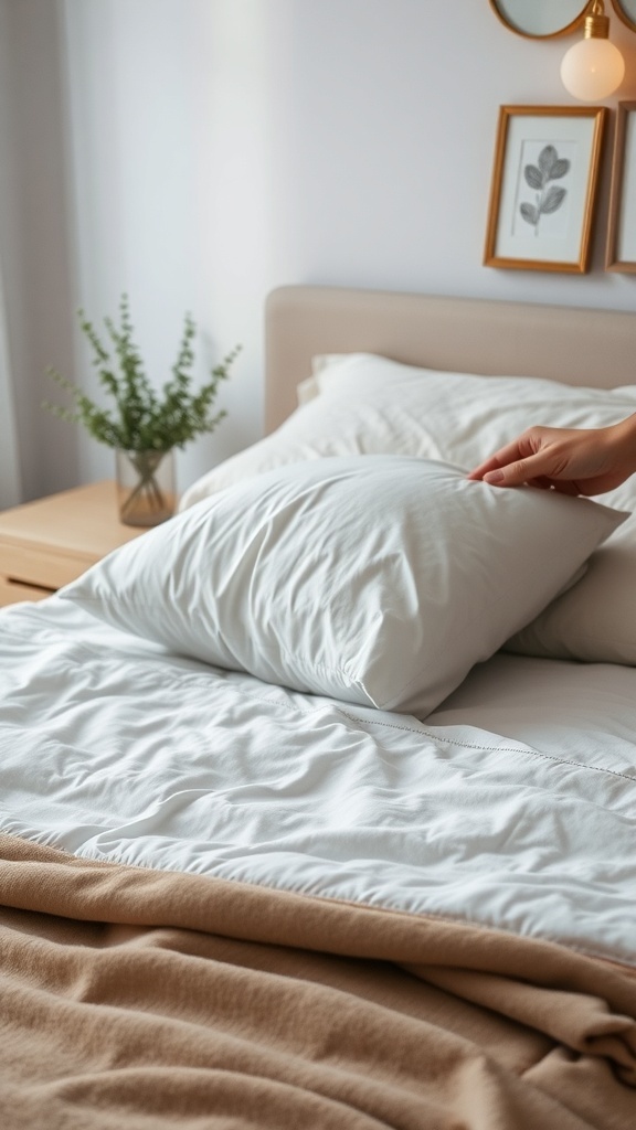 A hand adjusting a lumpy pillow on a neatly made bed
