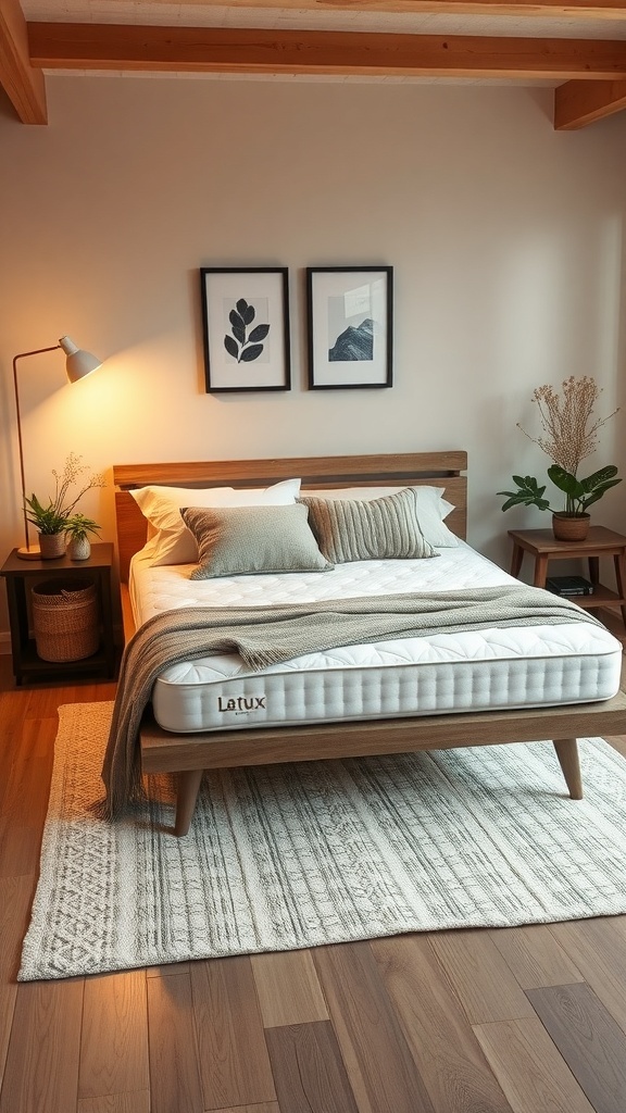 A cozy bedroom featuring a natural latex mattress on a wooden bed frame, with decorative pillows and a warm blanket.
