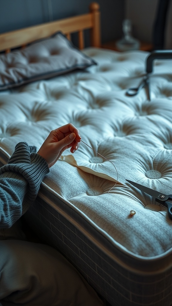 A person sewing a rip in a mattress with scissors and thread nearby.